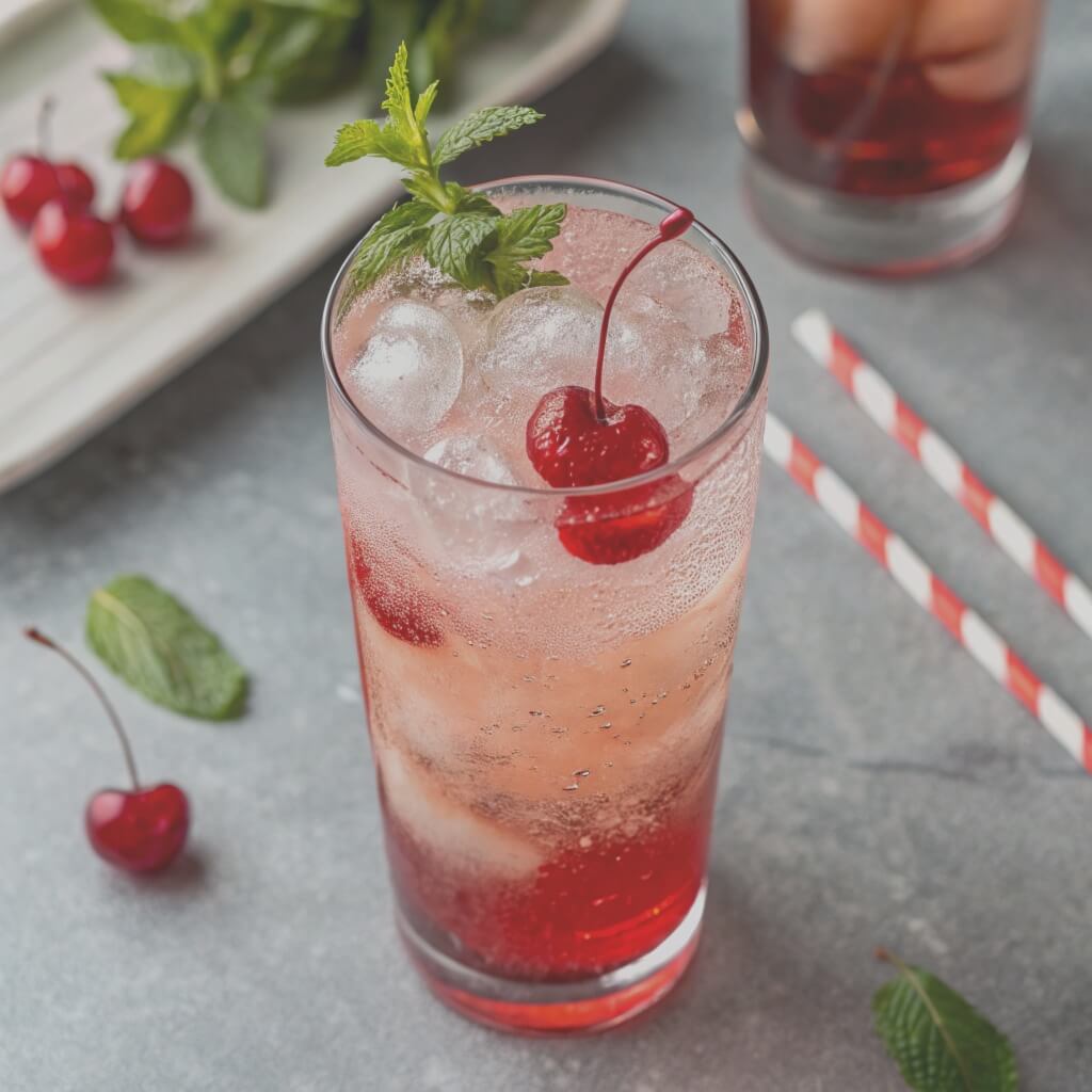 A glass of cherry soda filled with ice and garnished with fresh cherries on top.