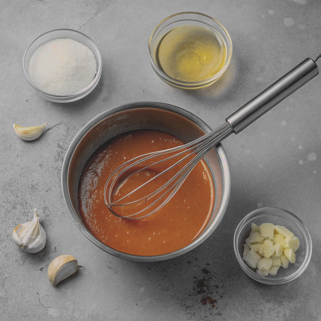 Ingredients for tomato sauce arranged in a bowl, including tomatoes, garlic, herbs, and olive oil.

