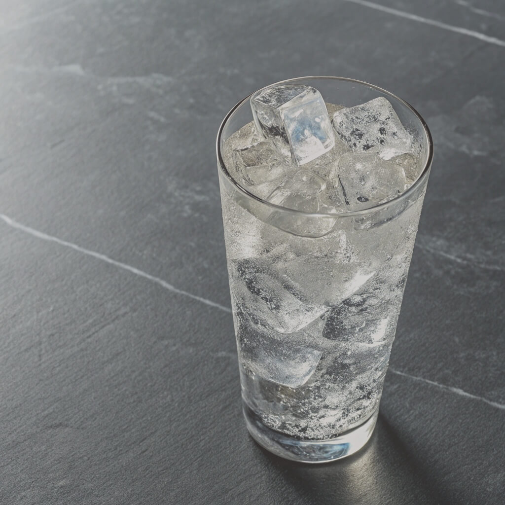 A glass of ice water on a wooden table, reflecting light and surrounded by a calm, neutral setting.