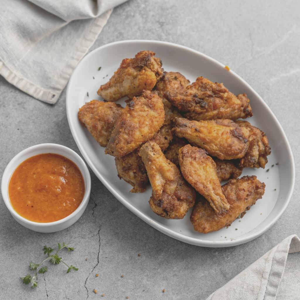 A plate of chicken wings coated in a rich sauce, garnished and ready to be served. 

Crispy Baked Chicken Wings Recipe

