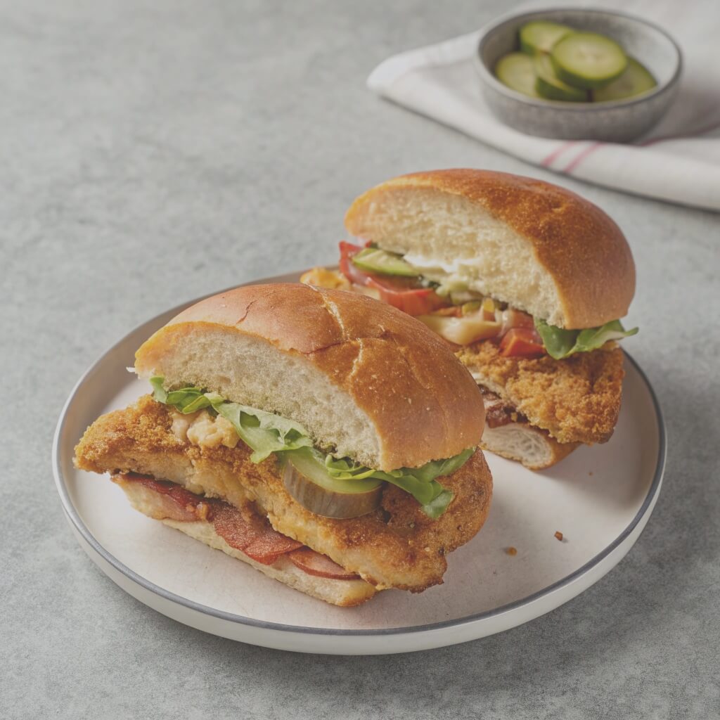 Crispy Chicken Sandwich
A chicken sandwich on a plate, garnished with pickles, showcasing a crispy bun and fresh ingredients.