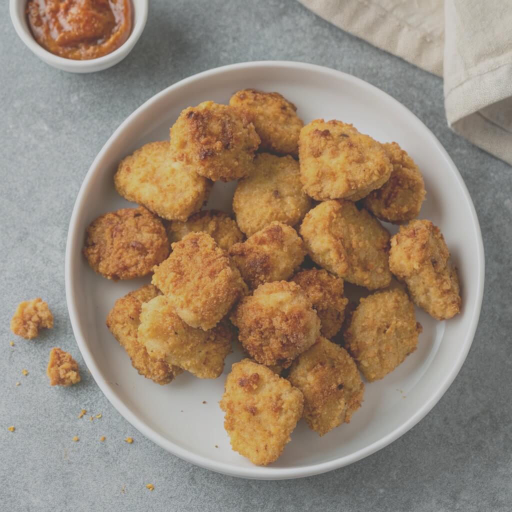 A plate of golden chicken nuggets accompanied by a small bowl of dipping sauce.
Crispy Chicken Nuggets Recipe

