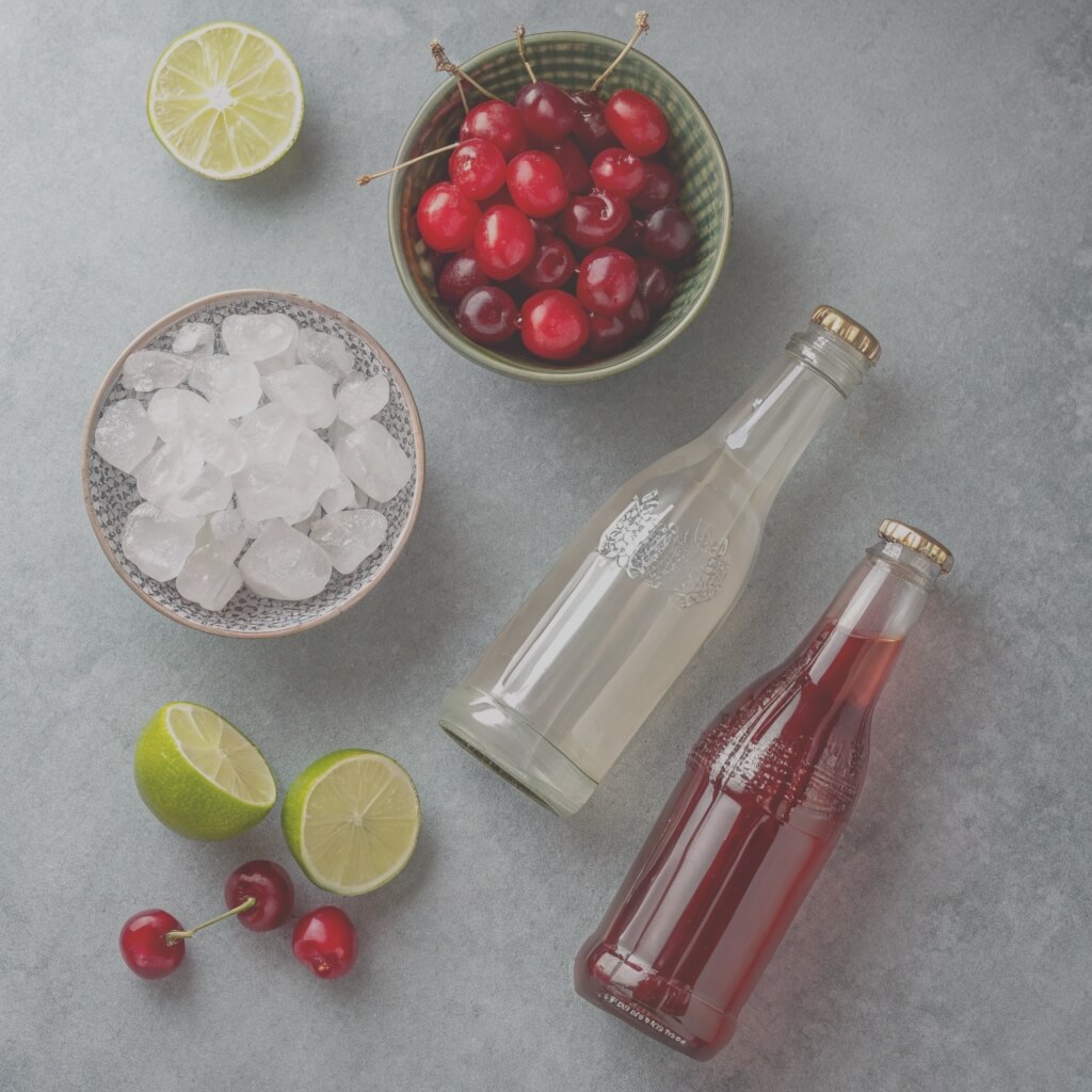 A bowl filled with ice, fresh cherries, lime slices, and a bottle of soda placed beside it.