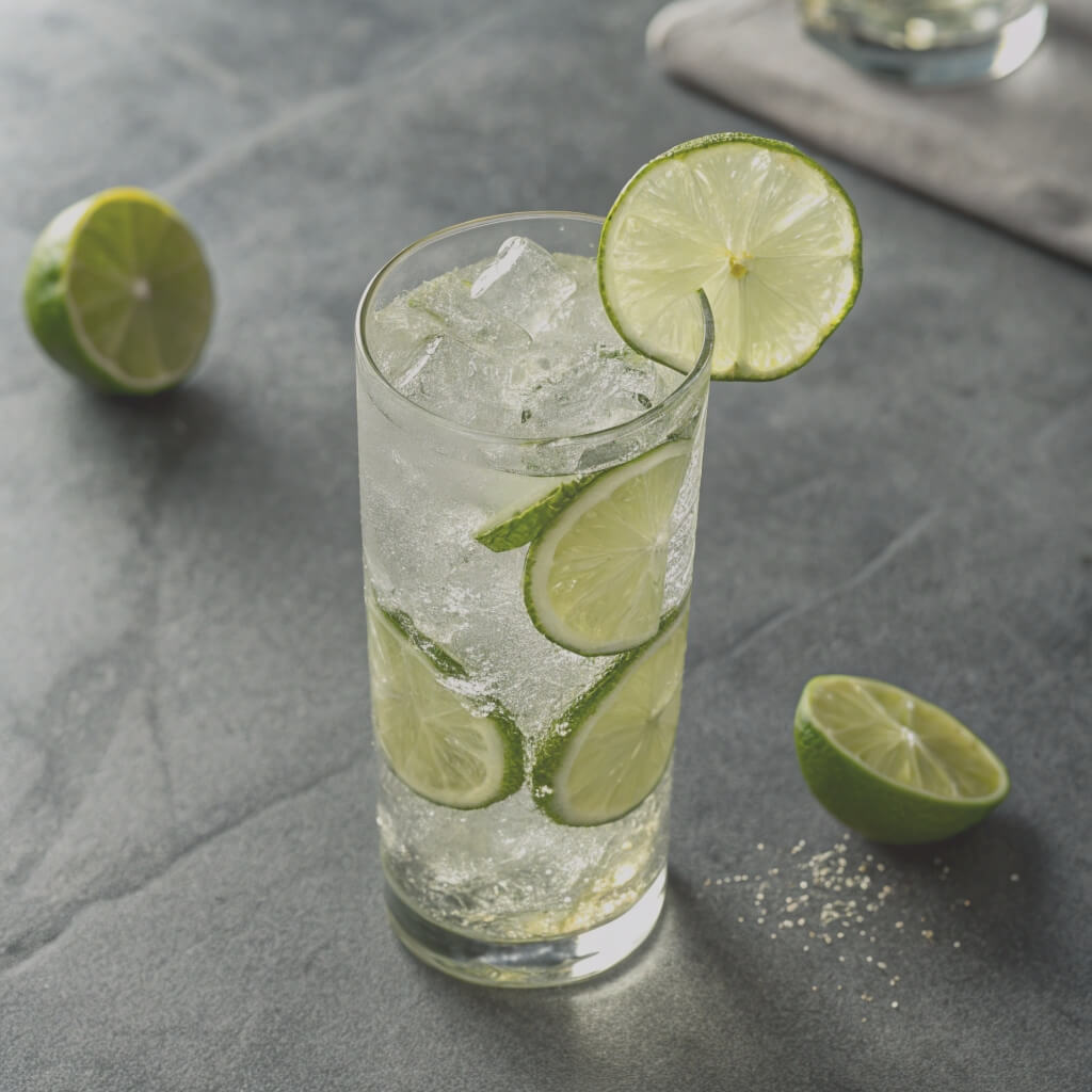 A clear glass filled with ice water, featuring vibrant lime slices floating on top, suggesting a refreshing drink.