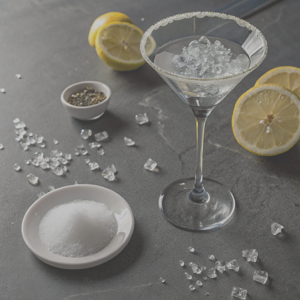 A martini glass filled with ice and garnished with fresh lemon slices.
