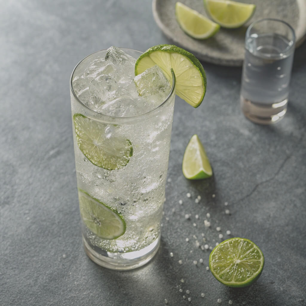 Gin Drink Recipe
A glass of ice water garnished with fresh lime slices, reflecting light and creating a refreshing appearance.