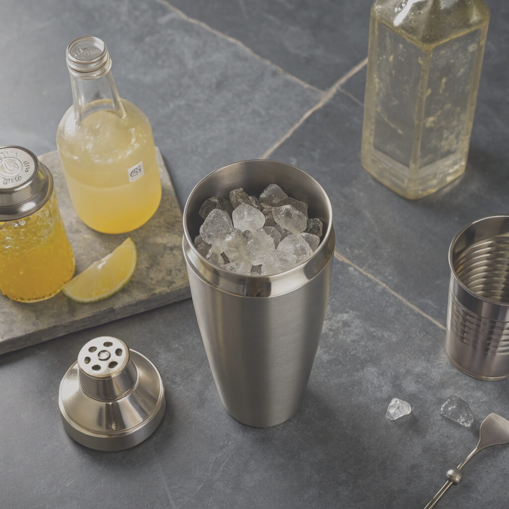 A stainless steel cocktail shaker filled with ice, accompanied by a clear glass on a wooden surface.