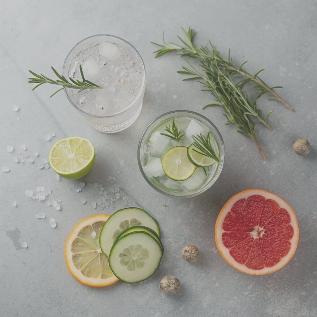 A refreshing glass of water garnished with lemon slices, cucumber, and sprigs of rosemary.