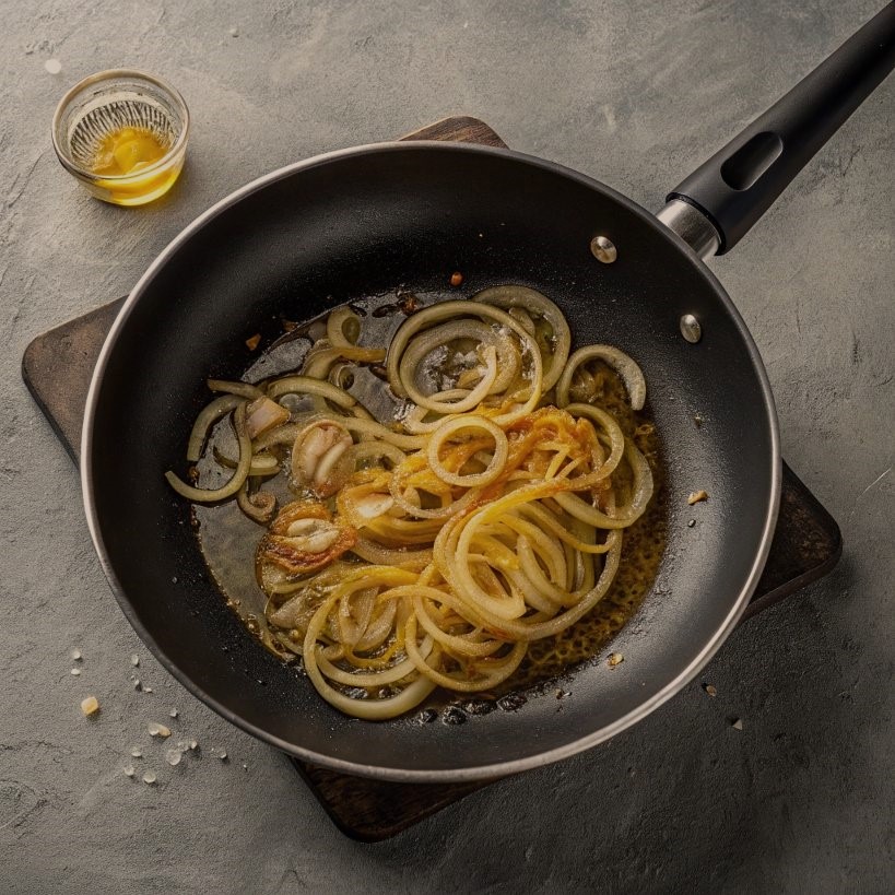 A pan filled with sautéing onions and garlic, emitting a fragrant aroma as they cook together.