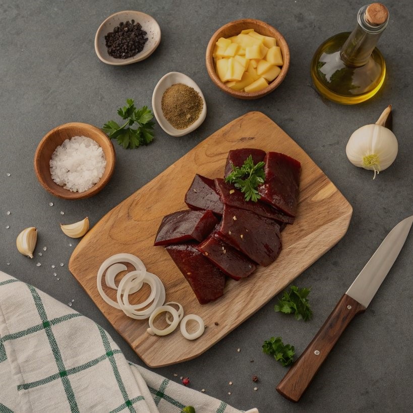 Fresh raw tuna steak on a cutting board with various spices and ingredients arranged around it for cooking.
Beef liver