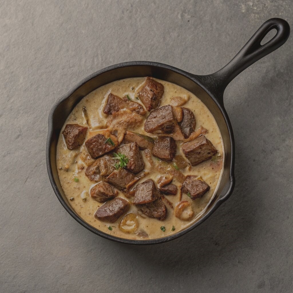 A skillet filled with seasoned meat and spices, showcasing a rich and flavorful dish ready for cooking.
Beef liver