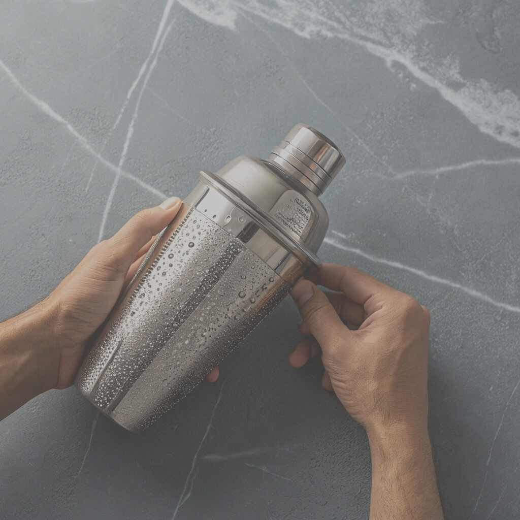 A person holds a silver shaker above a gray surface, preparing to mix a drink.

