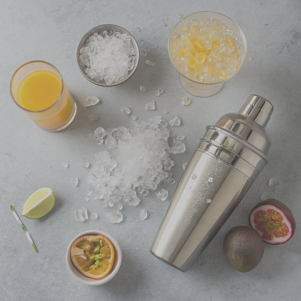 A cocktail shaker filled with ice, fresh fruit, and colorful juice, ready for mixing a refreshing drink.
