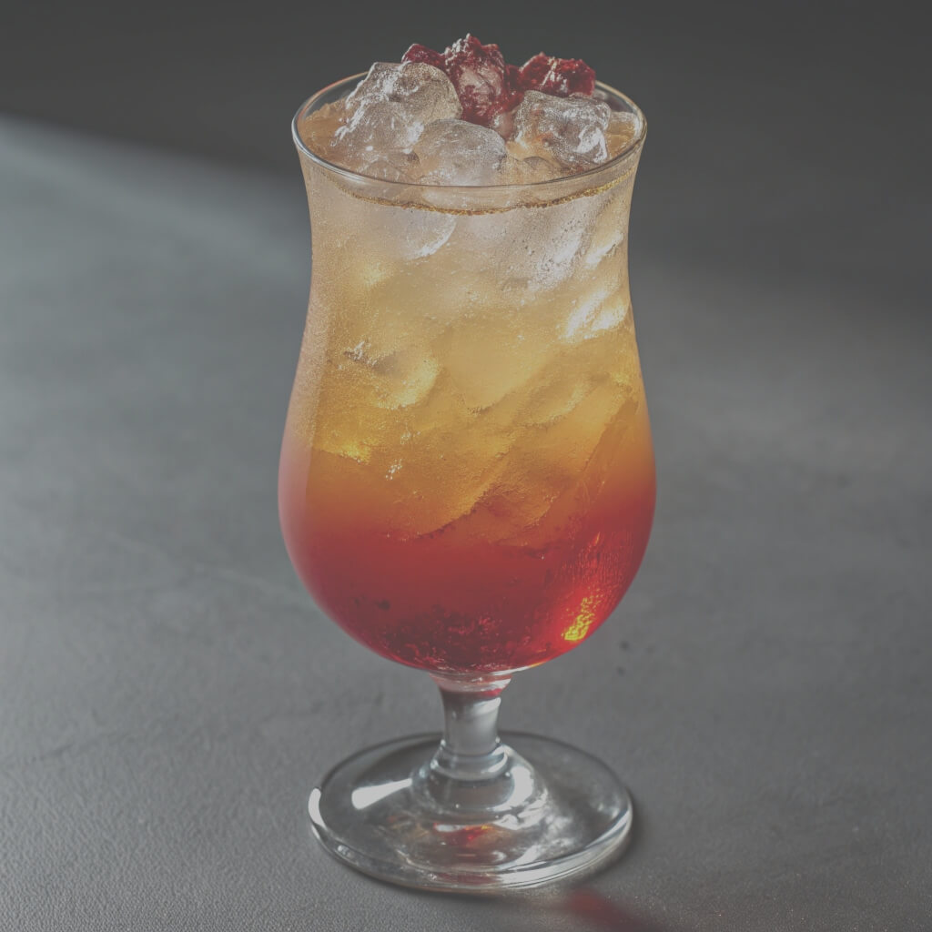 A cocktail with ice, featuring vibrant red and yellow liquid, served in a clear glass.