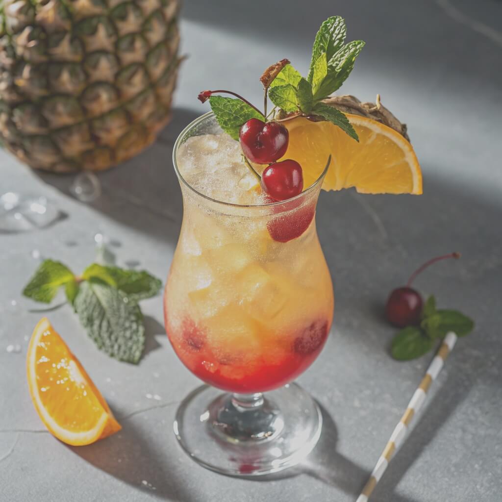 A refreshing drink garnished with orange slices, a cherry, and fresh mint leaves.