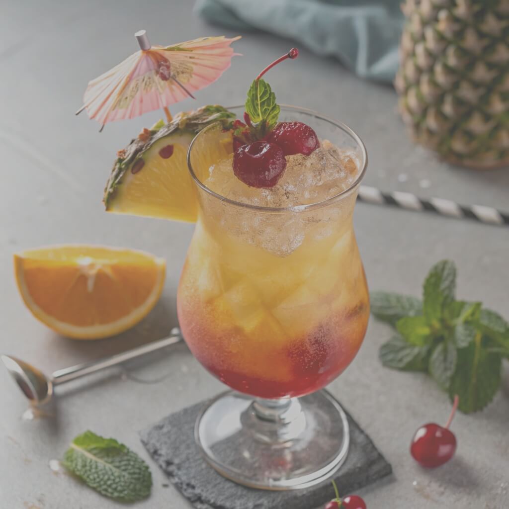 A colorful drink with cherries and a small umbrella sits on a table, adding a festive touch to the setting.