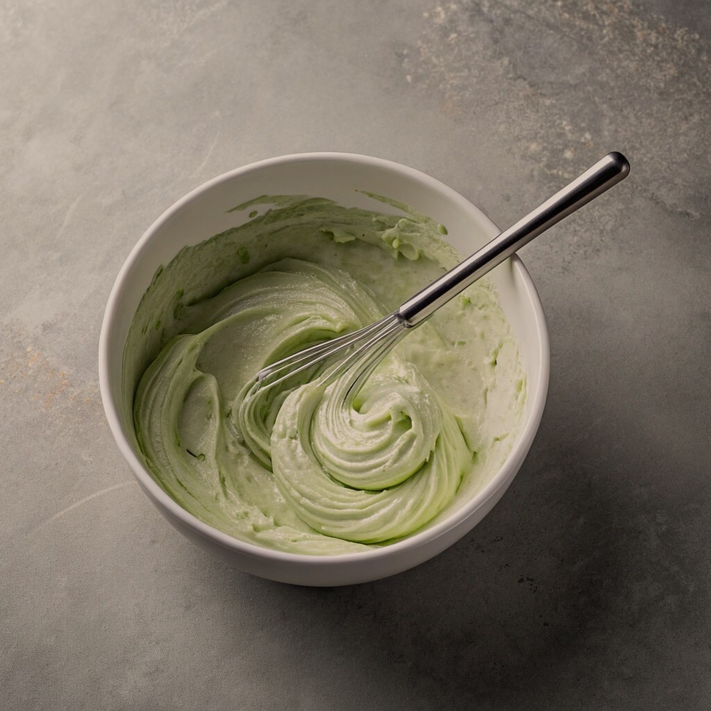 A bowl filled with green cream and a whisk resting inside, suggesting preparation for a recipe or dessert.