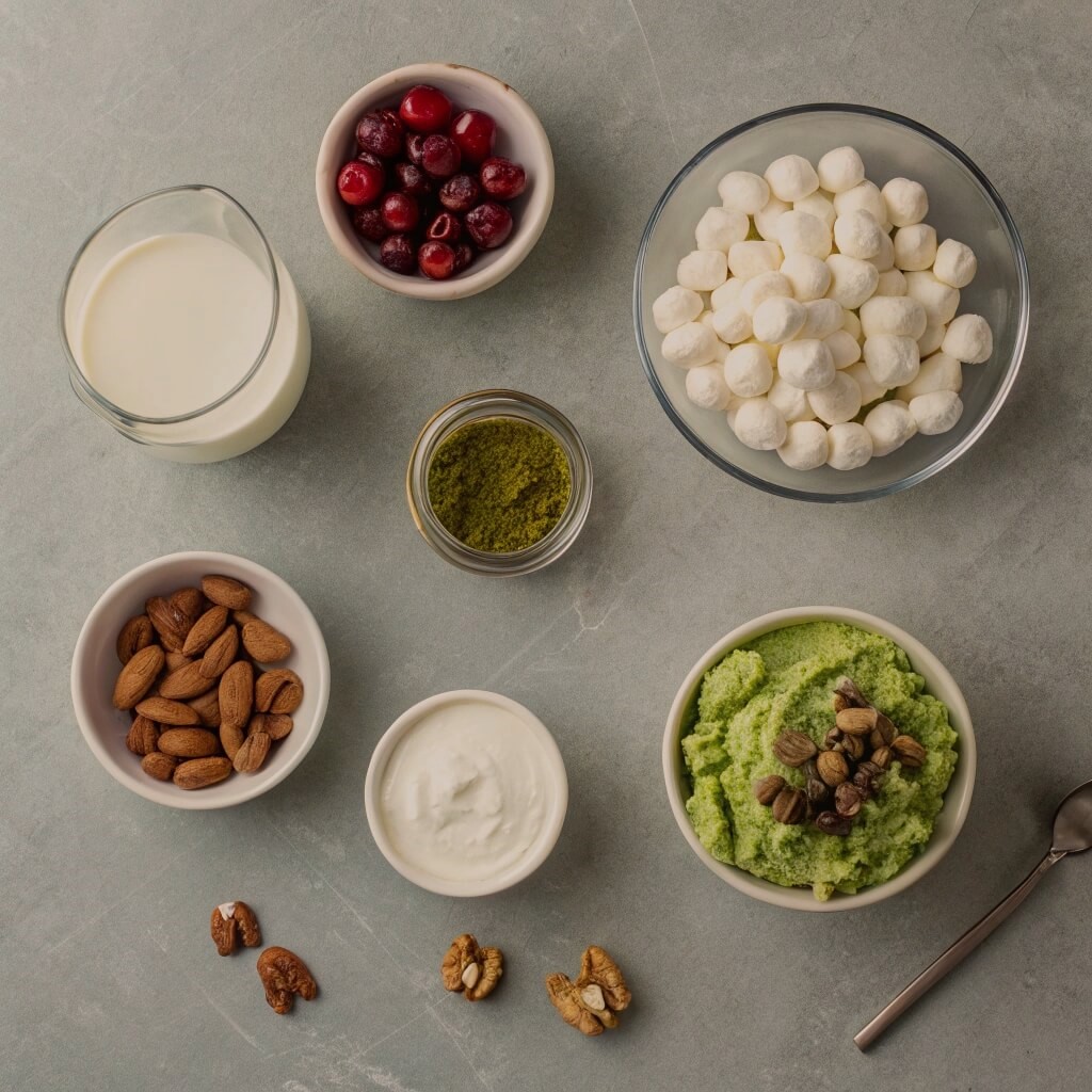 A variety of healthy breakfast ingredients, including fruits, oats, nuts, and yogurt, arranged on a wooden table.
watergate salad