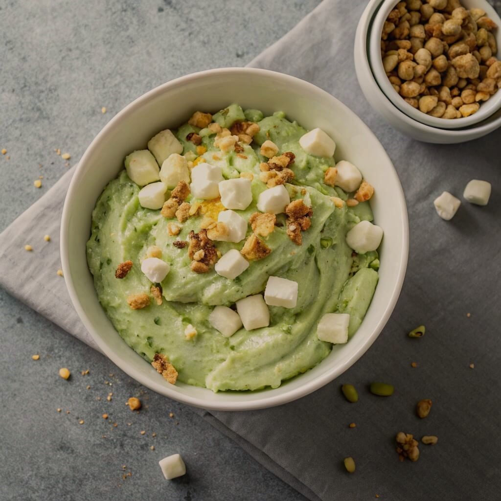 Creamy green avocado dip topped with nuts and cashews, served in a small bowl on a wooden table.
