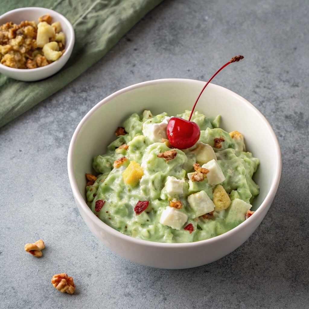 Green apple salad with walnuts and cherries served in a bowl, showcasing a vibrant mix of colors and textures.
  Watergate Salad