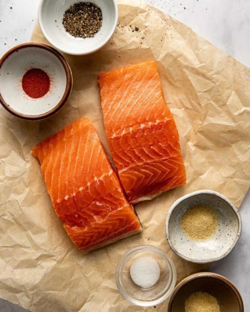 Salmon fillets

Olive oil

Lemon juice

Garlic powder

Salt

Black pepper

Fresh dill (optional)