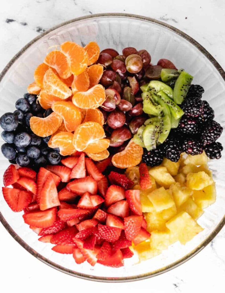 Ingredients
1 cup strawberries, sliced
1 cup blueberries
1 cup grapes, halved
1 cup pineapple, diced
1 banana, sliced
2 tablespoons honey
1 tablespoon lemon juice
Mint leaves for garnish