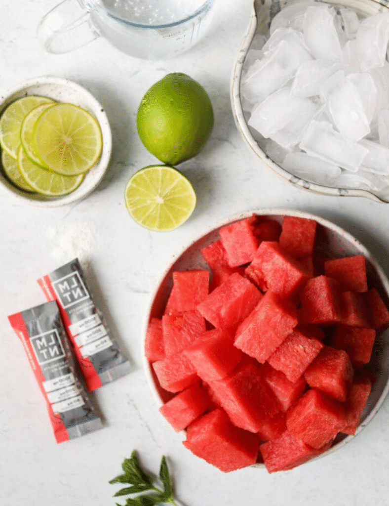 3 cups watermelon, cubed
Juice of 2 limes
1-2 tablespoons honey or agave syrup (optional)
Sparkling water or club soda
Mint leaves for garnish
Ice cubes