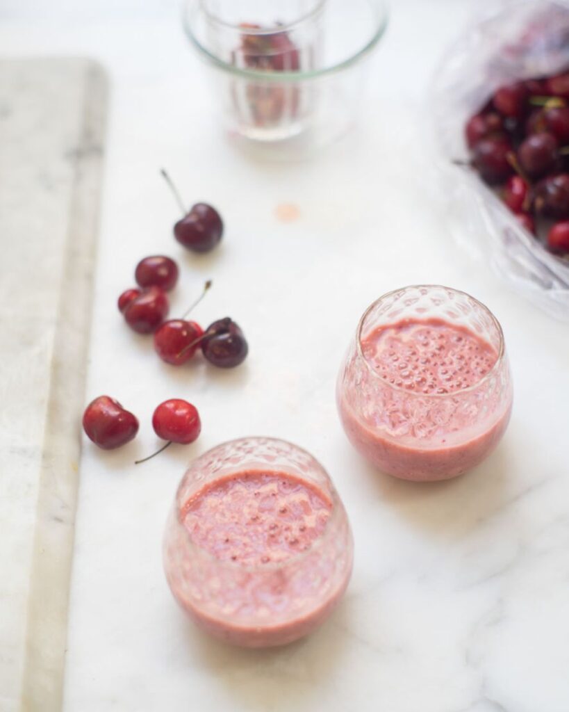 Pour your beautiful Cherry Smoothie into a glass and enjoy immediately for the best flavor and texture.