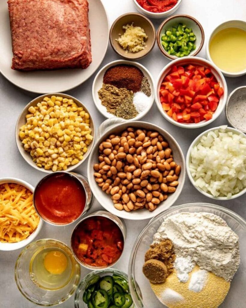 2 cups chili (canned or homemade), 
1 cup cornmeal, 
1 cup milk, 
1/4 cup vegetable oil, 
1 large egg, 
1 cup shredded cheese (cheddar or your choice), 
1 teaspoon baking powder, 
1 teaspoon salt, 
1 can of corn (drained), 
Optional toppings: sour cream, 
green onions, or jalapeños