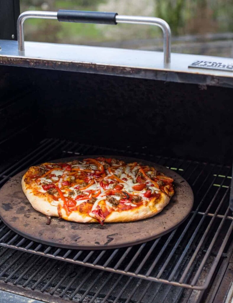a pizza in an oven