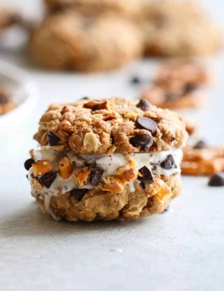 Sweet and salty ice cream sandwiches with delicious flavors and textures.
