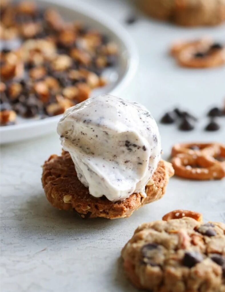 Sweet and salty ice cream sandwiches with delicious flavors and textures.