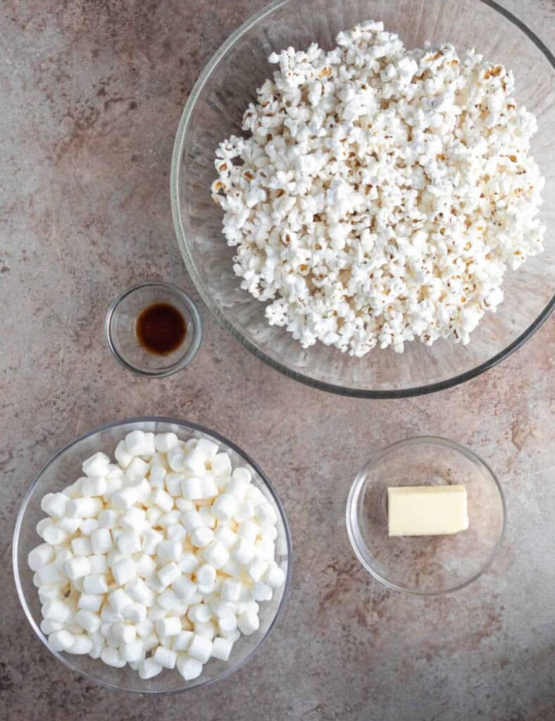 10 cups popped popcorn
1 cup granulated sugar
1/2 cup light corn syrup
1/4 cup butter
1/2 teaspoon salt
1/2 teaspoon vanilla extract
Optional: food coloring or candy toppings
