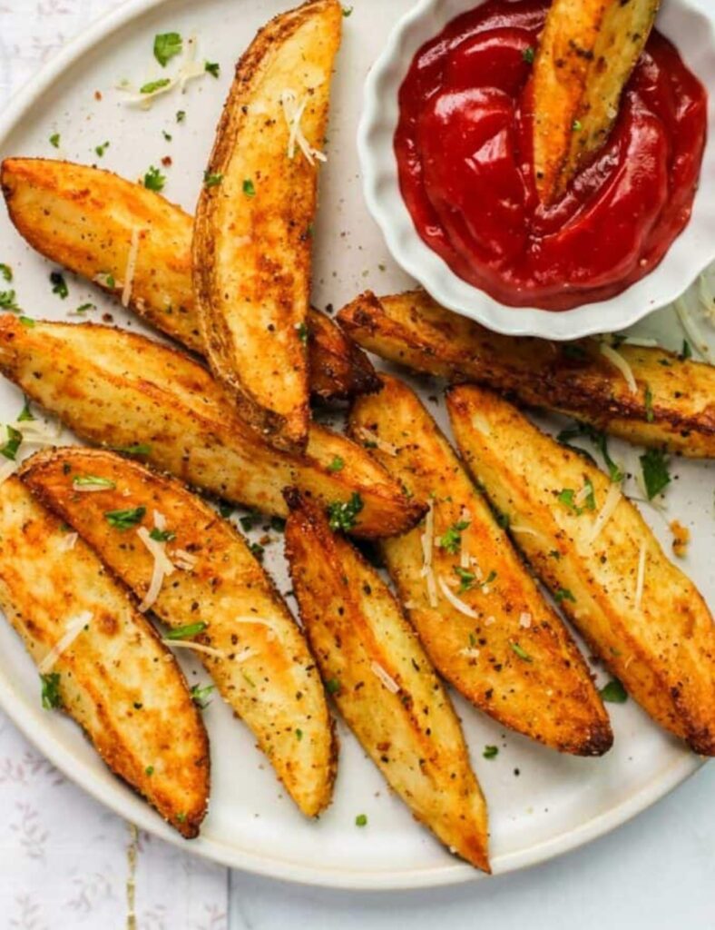 Baked potato wedges served with a small bowl of ketchup on a white plate.