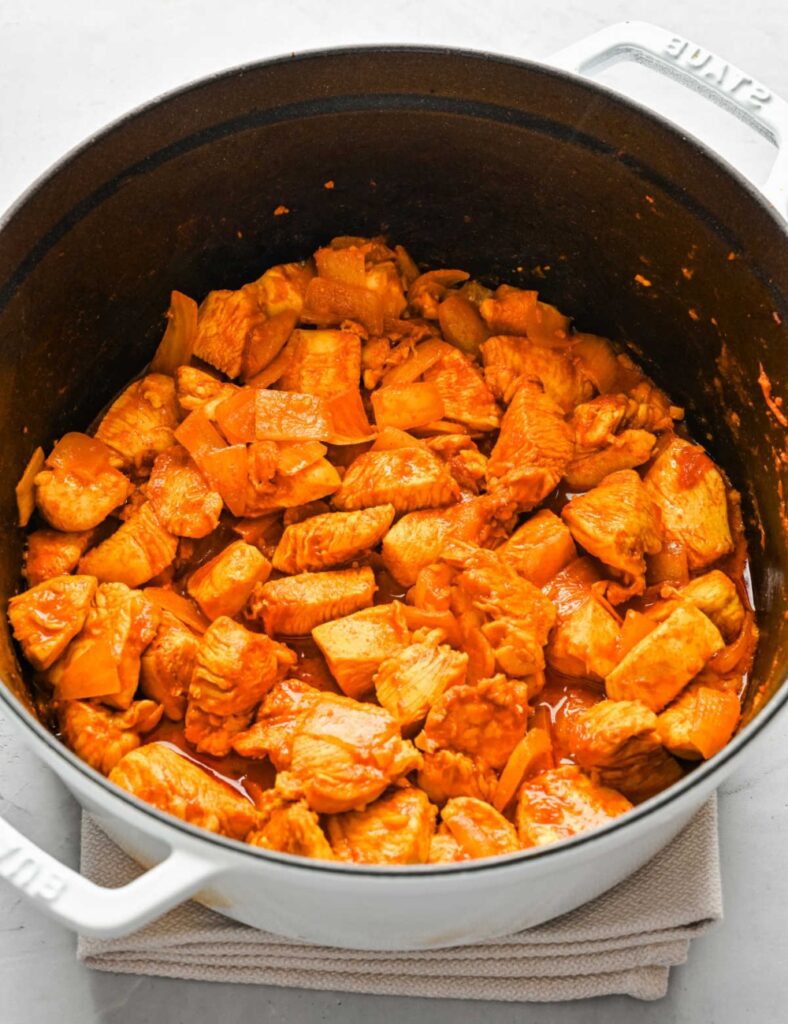 Add the chicken pieces to the pot and cook until browned on all sides. This should take about 5-7 minutes, and it’s where you’ll really start to smell that wonderful aroma.