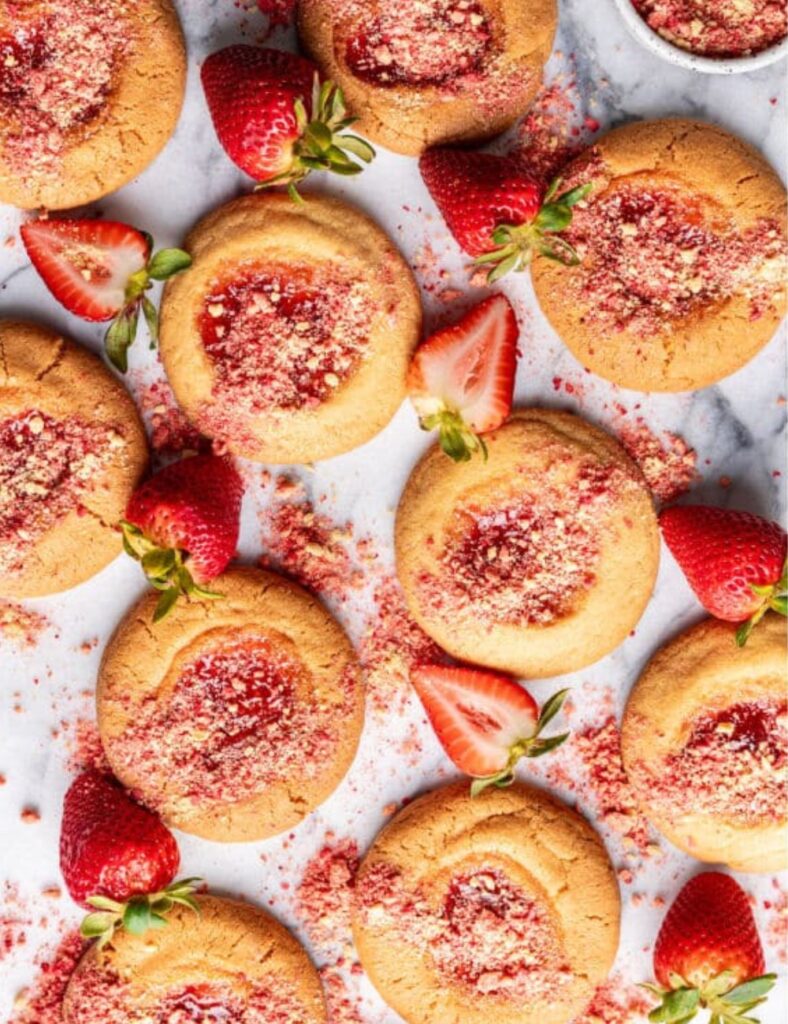 Strawberry jam cookies arranged on a marble surface, showcasing their golden edges and vibrant red filling.