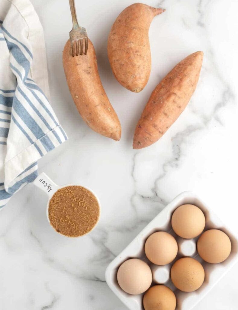 sweet potatoes, peeled and cubed
1/3 cup brown sugar,
Eggs