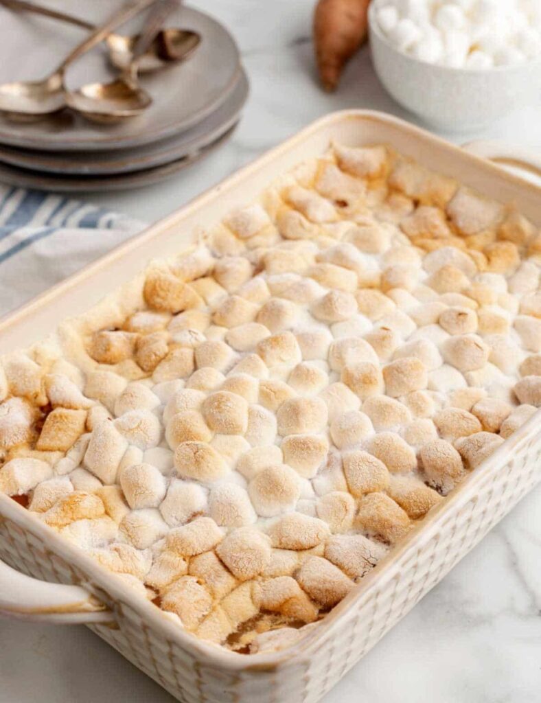 Delicious sweet potato casserole topped with fluffy marshmallows