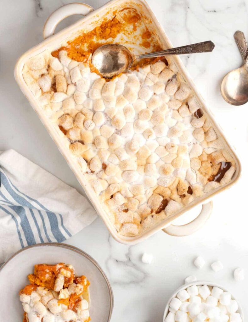 Delicious sweet potato casserole topped with fluffy marshmallows