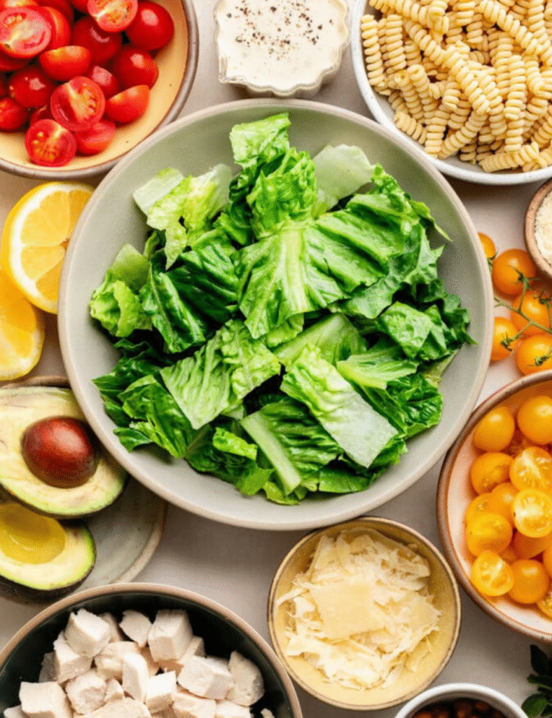 8 oz pasta (e.g., rotini or penne)
2 cups cooked chicken, diced
1 cup romaine lettuce, chopped
1/2 cup Caesar dressing
1/4 cup Parmesan cheese, grated
1/4 cup croutons
Salt and pepper to taste