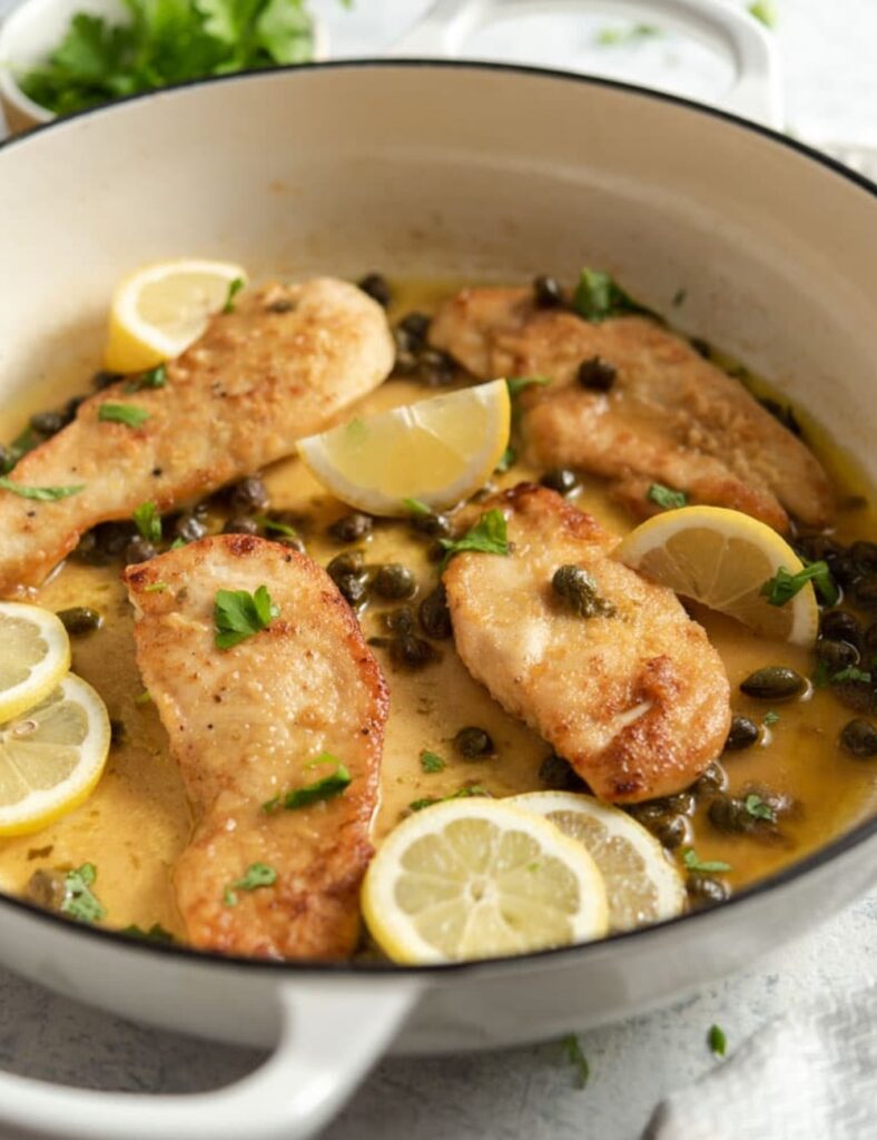 Chicken Piccata in a pan with some lemons 