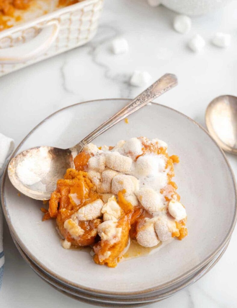 Delicious sweet potato casserole topped with fluffy marshmallows
