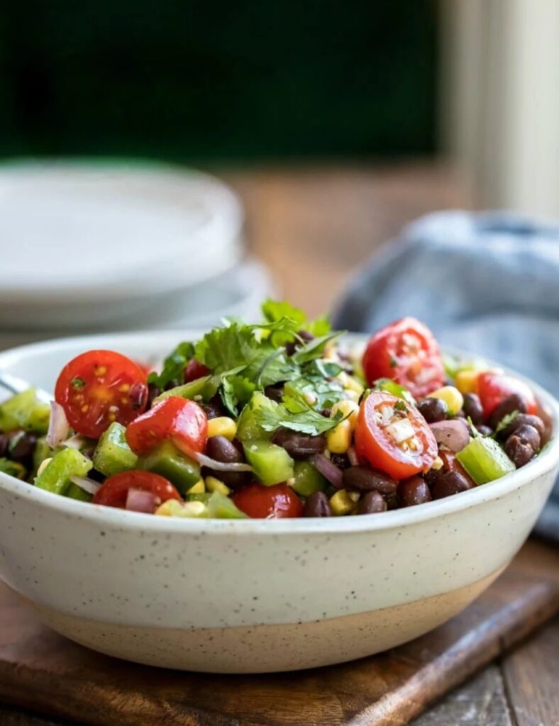 Colorful black bean salad with fresh vegetables and herbs