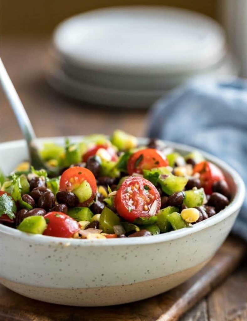 Colorful black bean salad with fresh vegetables and herbs