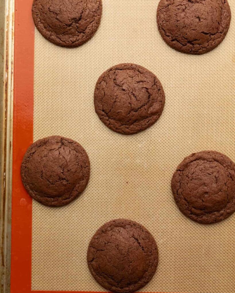Chocolate cookies arranged on a baking sheet, ready to be baked, with a rich, glossy surface and a few chocolate chips visible.