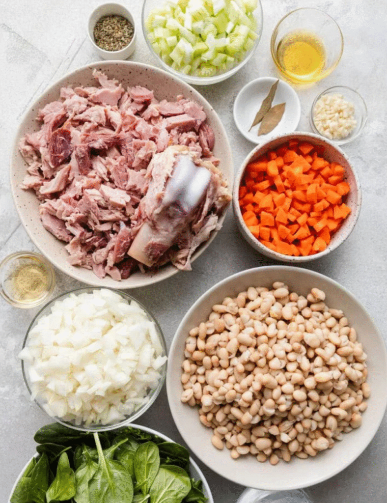 1 pound ham, diced
1 can (15 ounces) white beans, drained and rinsed
1 onion, chopped
2 carrots, sliced
2 stalks celery, sliced
4 cups chicken broth
2 cloves garlic, minced
1 teaspoon thyme
Salt and pepper to taste
1 bay leaf