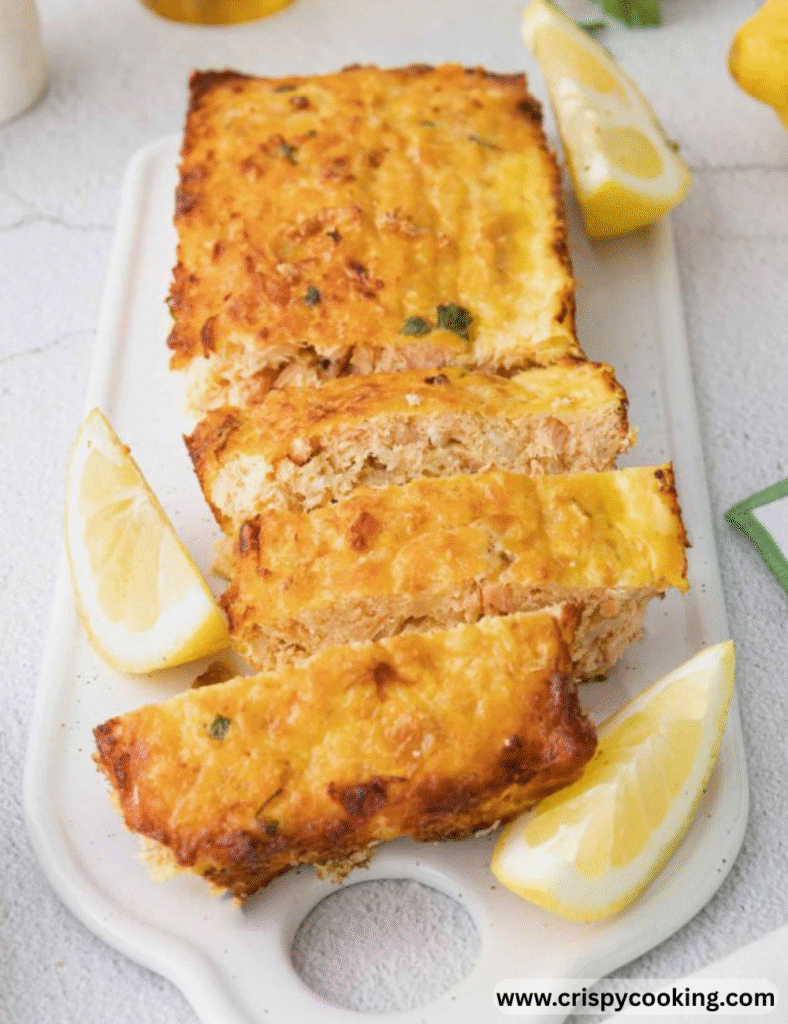 A loaf of bread accompanied by fresh lemons and slices of cheese on a wooden surface.

