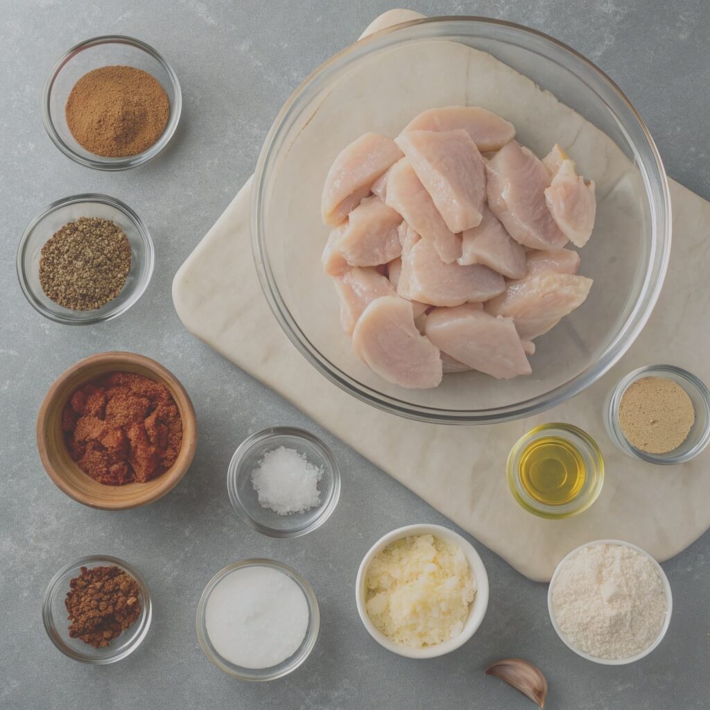 Ingredients for chicken breast arranged in bowls on a table, including spices, herbs, and marinades.