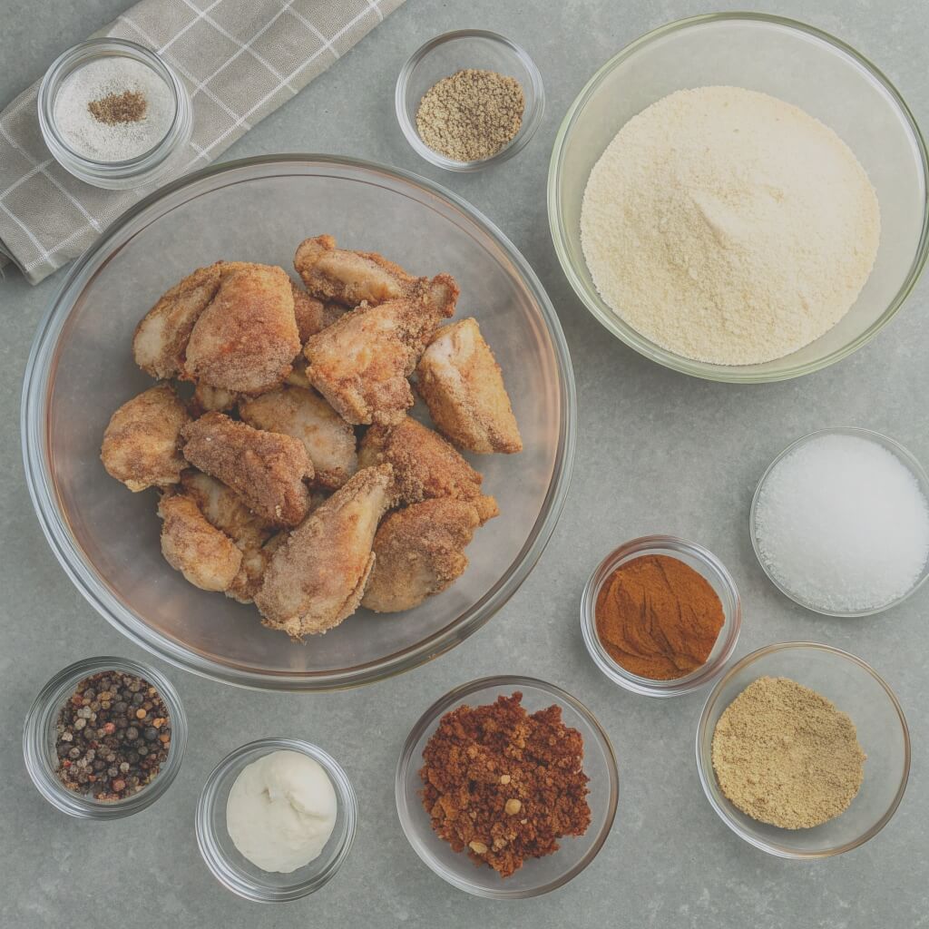Ingredients for homemade chicken wings, including chicken, spices, sauces, and seasonings arranged on a kitchen counter.