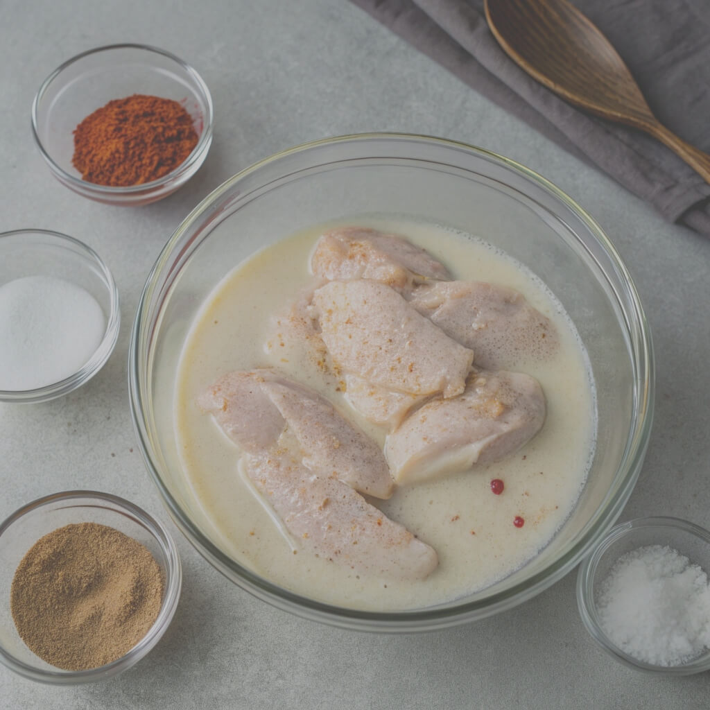 Ingredients for chicken breast arranged in a bowl, including spices, herbs, and marinade components.